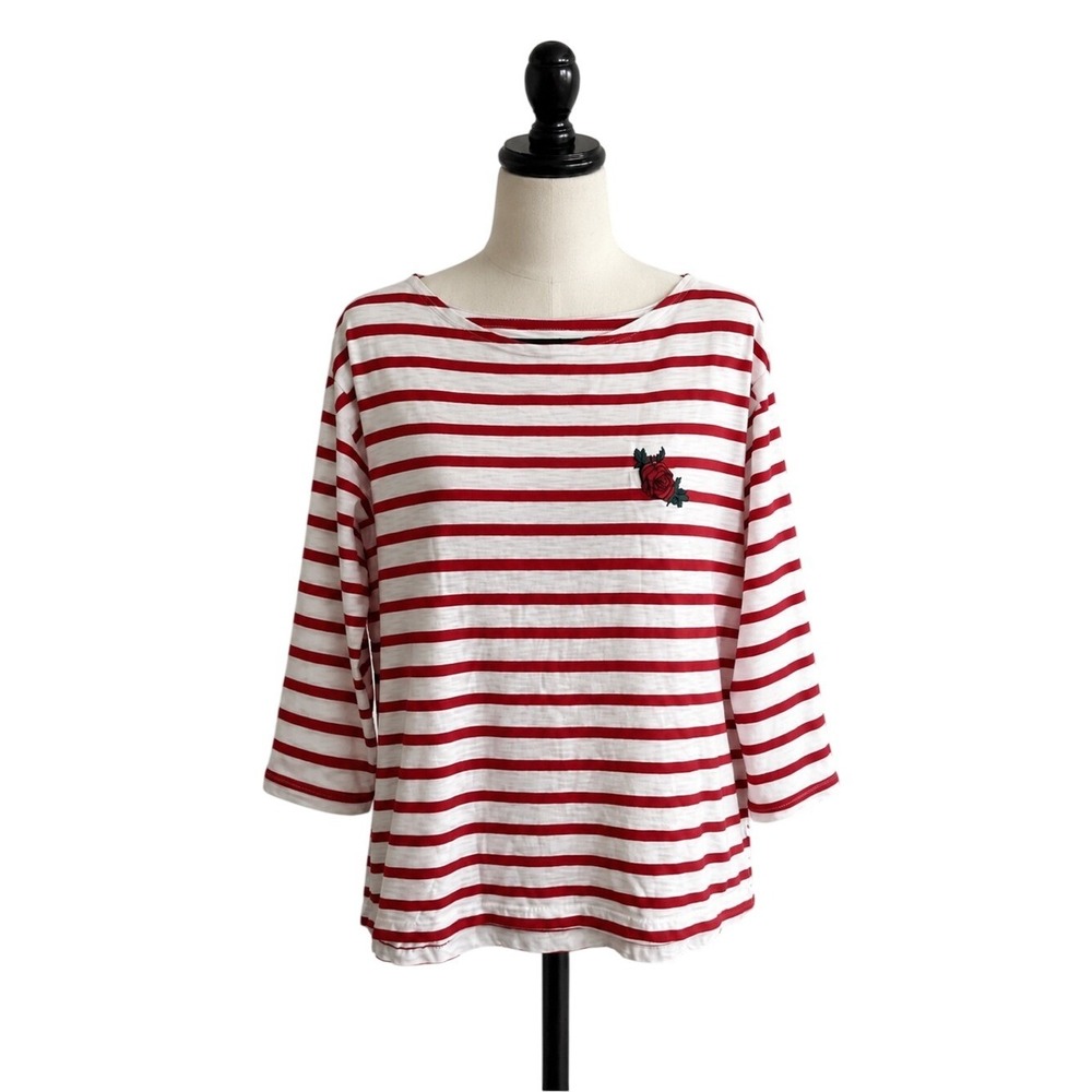 Levis Womens Red White Striped Rose Embroidered 3/4 Sleeve Top XS‎